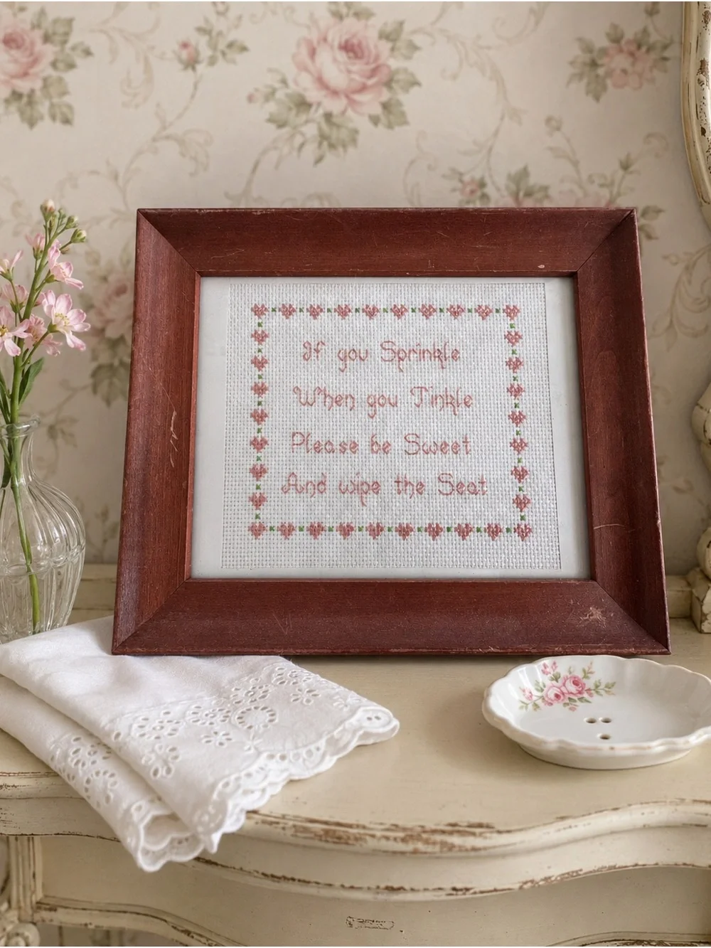 Vintage Handmade Cross Stitch Framed Funny Bathroom Wall Decor Cottagecore Grand